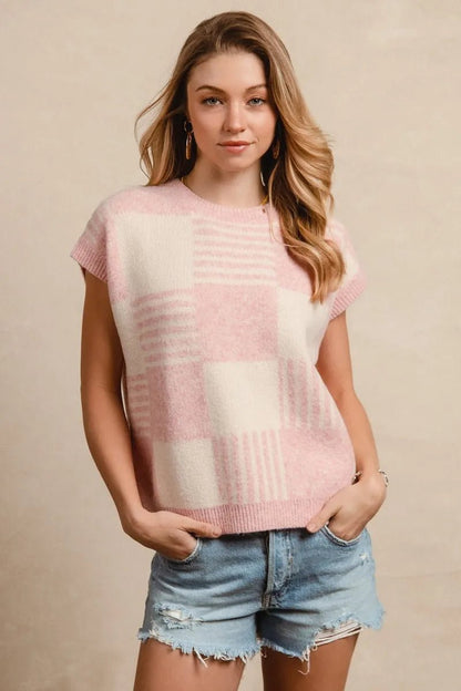 BiBi Checker With Stripes Pattern Sleeveless Sweater - Bitsy Gypsy Boutique