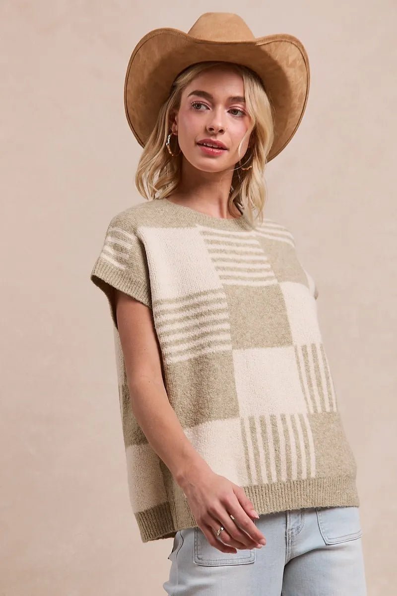 BiBi Checker With Stripes Pattern Sleeveless Sweater - Bitsy Gypsy Boutique