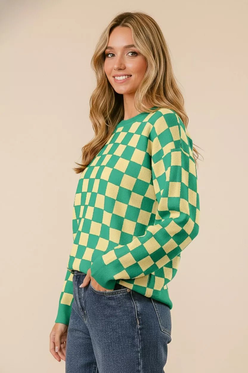BiBi Checkered Pattern Sweater - Bitsy Gypsy Boutique