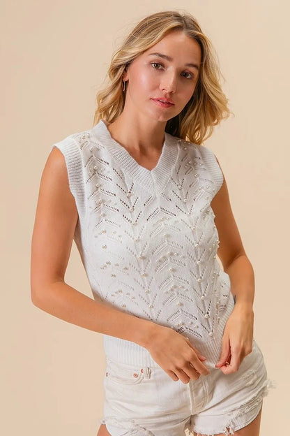 BiBi Chevron Pointelle Pearl Knit Top - Bitsy Gypsy Boutique