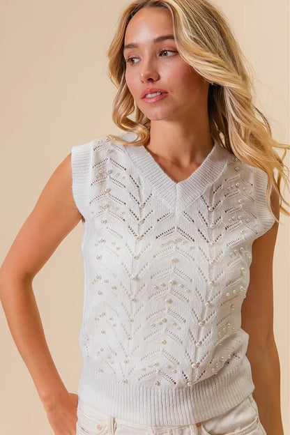 BiBi Chevron Pointelle Pearl Knit Top - Bitsy Gypsy Boutique