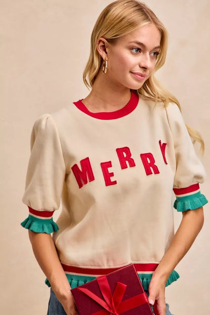 BiBi Christmas Merry Letter Patches Contrast Banded Top - Bitsy Gypsy Boutique