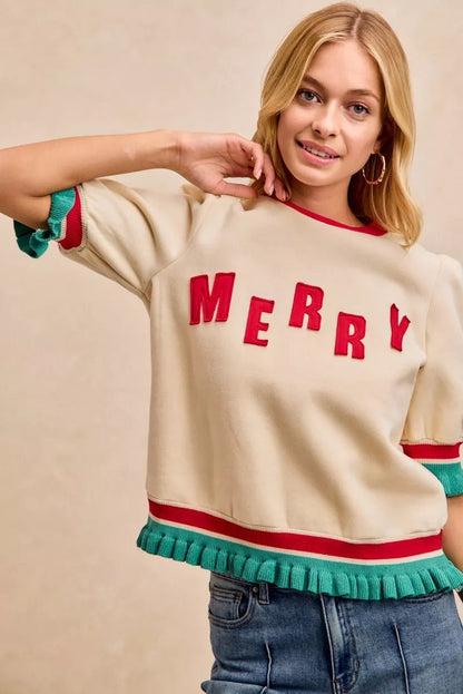 BiBi Christmas Merry Letter Patches Contrast Banded Top - Bitsy Gypsy Boutique