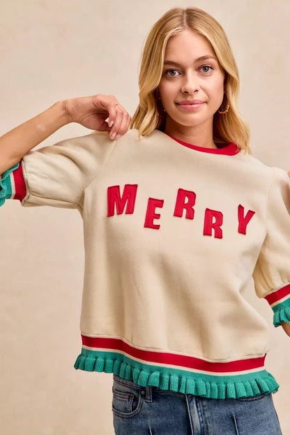 BiBi Christmas Merry Letter Patches Contrast Banded Top - Bitsy Gypsy Boutique