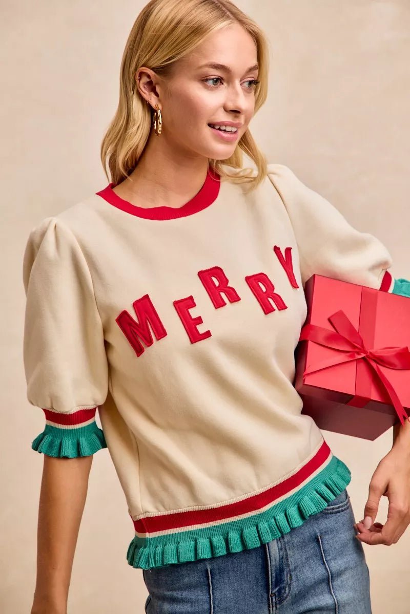 BiBi Christmas Merry Letter Patches Contrast Banded Top - Bitsy Gypsy Boutique