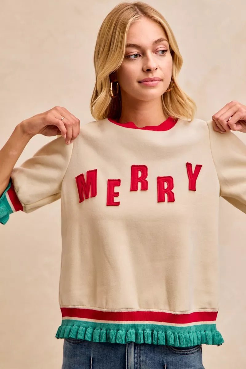 BiBi Christmas Merry Letter Patches Contrast Banded Top - Bitsy Gypsy Boutique