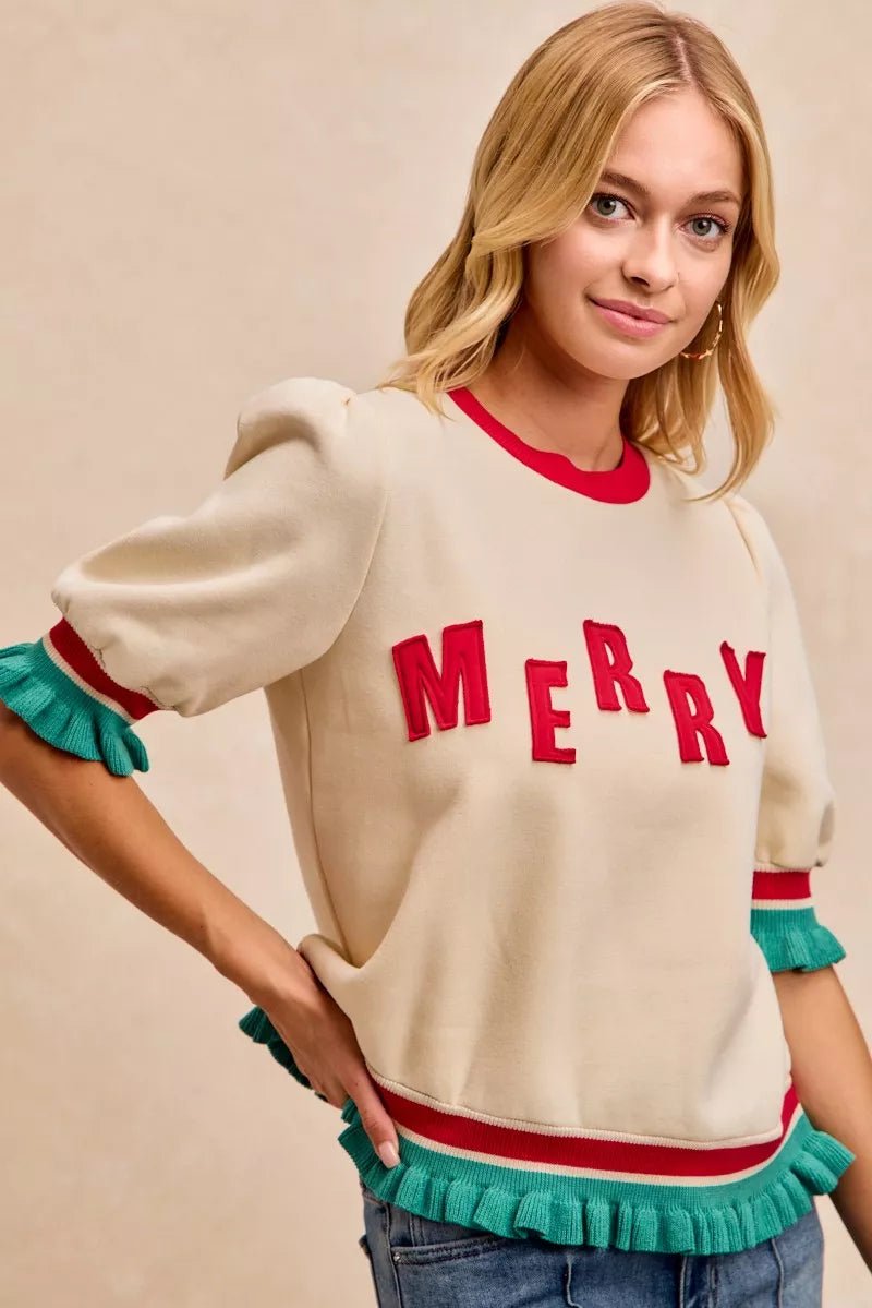 BiBi Christmas Merry Letter Patches Contrast Banded Top - Bitsy Gypsy Boutique