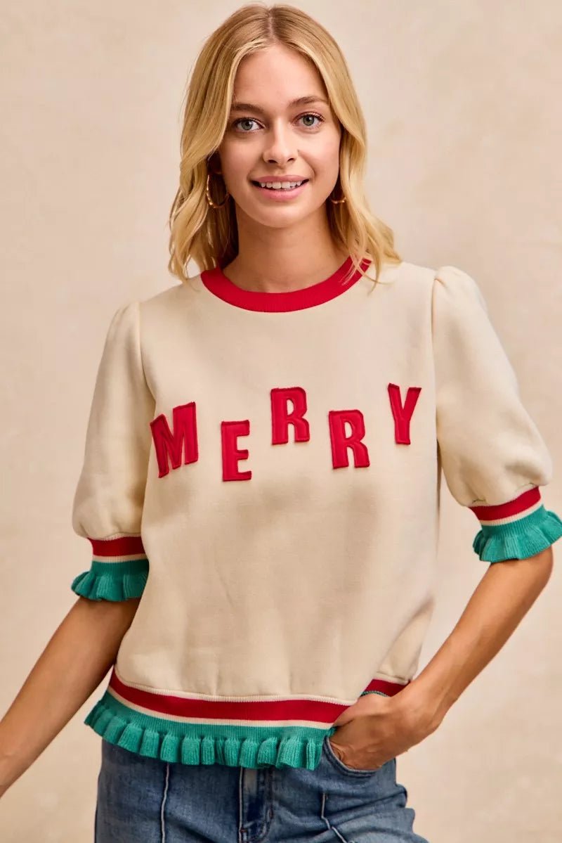 BiBi Christmas Merry Letter Patches Contrast Banded Top - Bitsy Gypsy Boutique