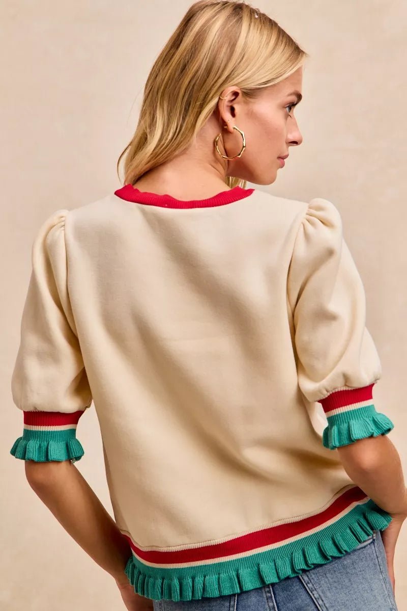 BiBi Christmas Merry Letter Patches Contrast Banded Top - Bitsy Gypsy Boutique