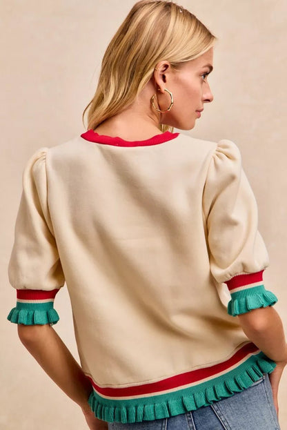 BiBi Christmas Merry Letter Patches Contrast Banded Top - Bitsy Gypsy Boutique