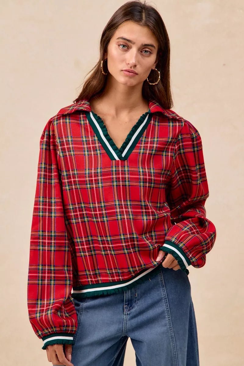 BiBi Christmas Plaid Collared Top with Ruffled Detail - Bitsy Gypsy Boutique