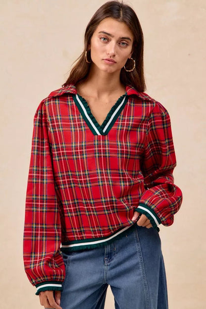 BiBi Christmas Plaid Collared Top with Ruffled Detail - Bitsy Gypsy Boutique
