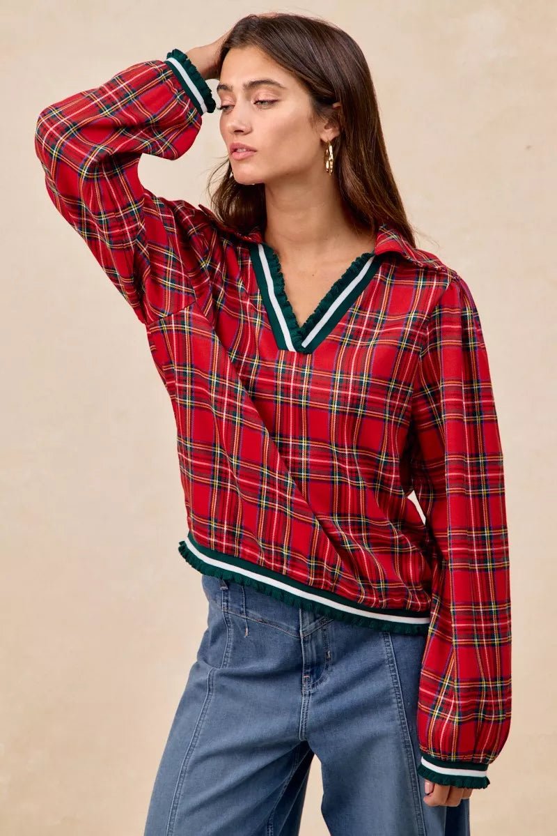 BiBi Christmas Plaid Collared Top with Ruffled Detail - Bitsy Gypsy Boutique