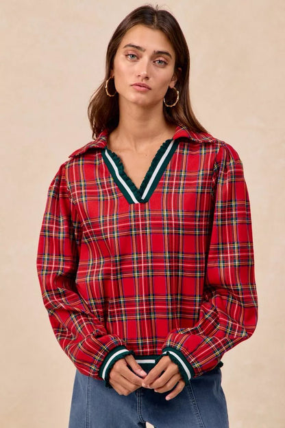 BiBi Christmas Plaid Collared Top with Ruffled Detail - Bitsy Gypsy Boutique