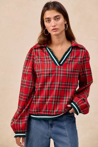BiBi Christmas Plaid Collared Top with Ruffled Detail - Bitsy Gypsy Boutique