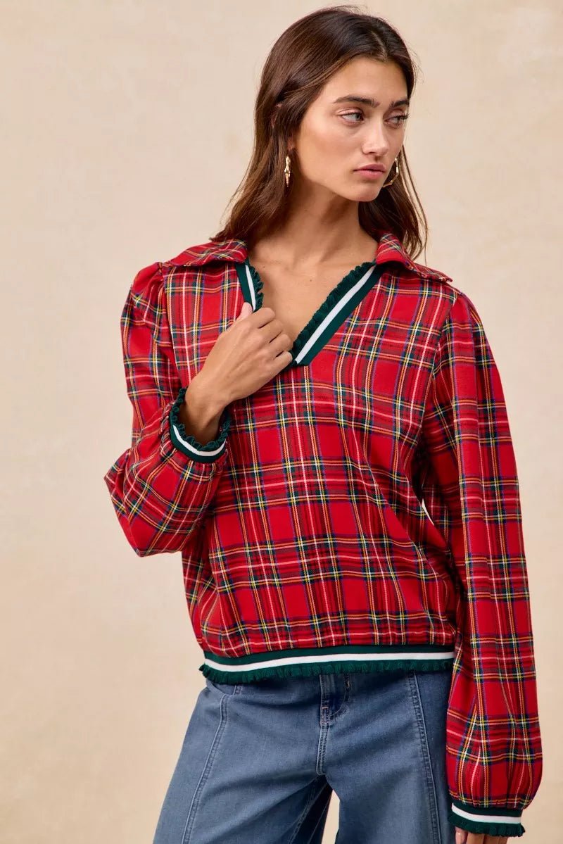 BiBi Christmas Plaid Collared Top with Ruffled Detail - Bitsy Gypsy Boutique