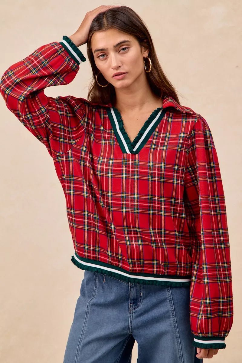 BiBi Christmas Plaid Collared Top with Ruffled Detail - Bitsy Gypsy Boutique