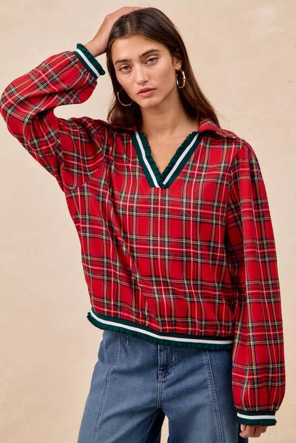 BiBi Christmas Plaid Collared Top with Ruffled Detail - Bitsy Gypsy Boutique