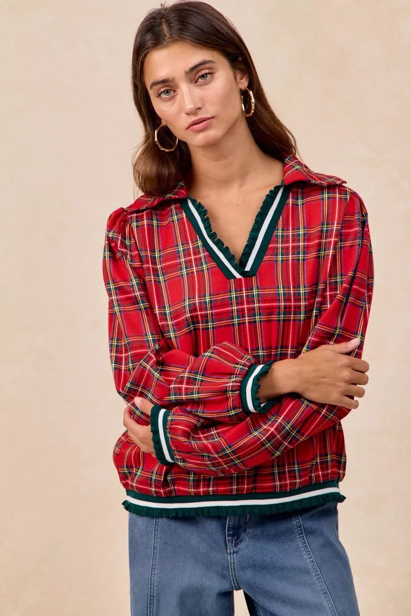 BiBi Christmas Plaid Collared Top with Ruffled Detail - Bitsy Gypsy Boutique