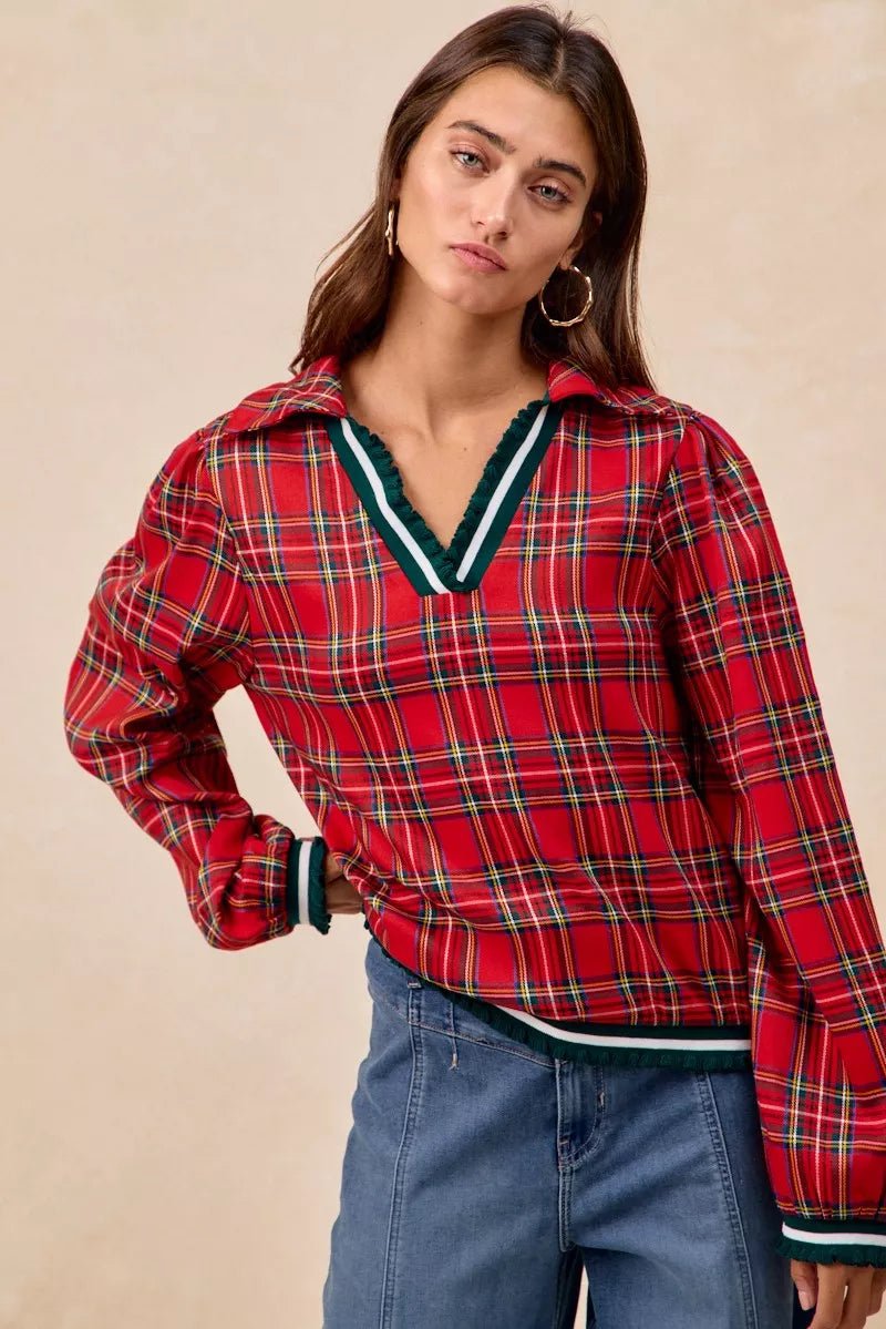 BiBi Christmas Plaid Collared Top with Ruffled Detail - Bitsy Gypsy Boutique
