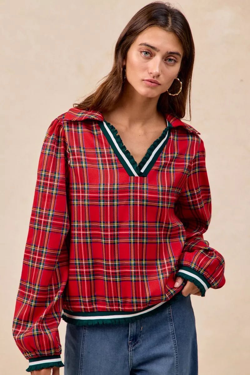 BiBi Christmas Plaid Collared Top with Ruffled Detail - Bitsy Gypsy Boutique