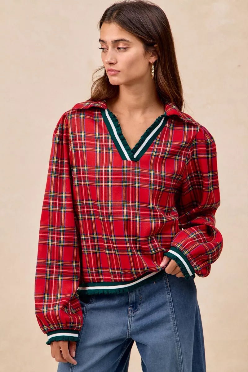 BiBi Christmas Plaid Collared Top with Ruffled Detail - Bitsy Gypsy Boutique