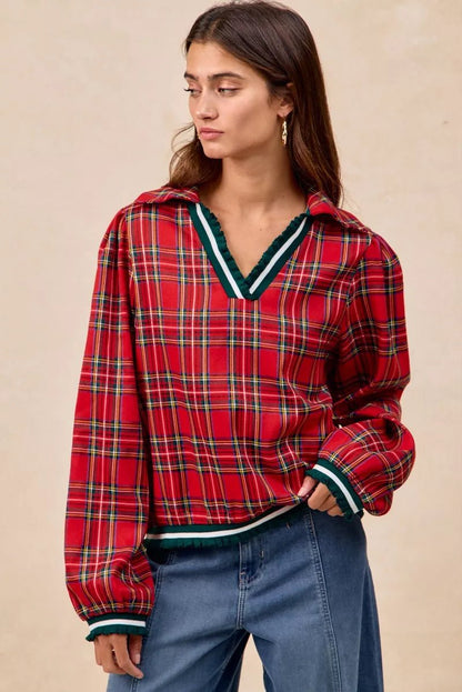 BiBi Christmas Plaid Collared Top with Ruffled Detail - Bitsy Gypsy Boutique