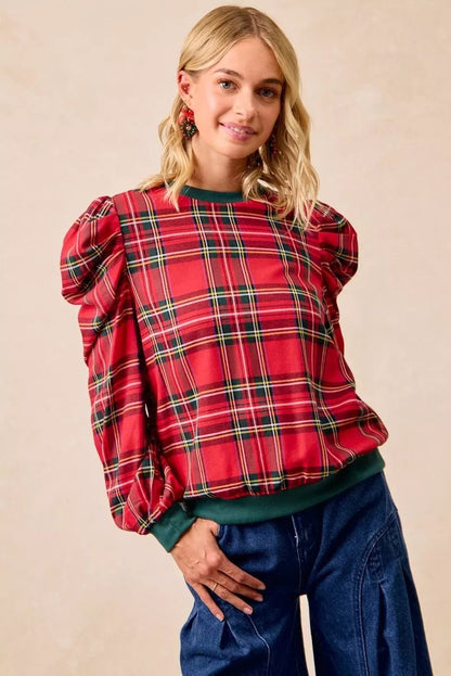 BiBi Christmas Plaid Exaggerated Shoulder Sleeves Top - Bitsy Gypsy Boutique