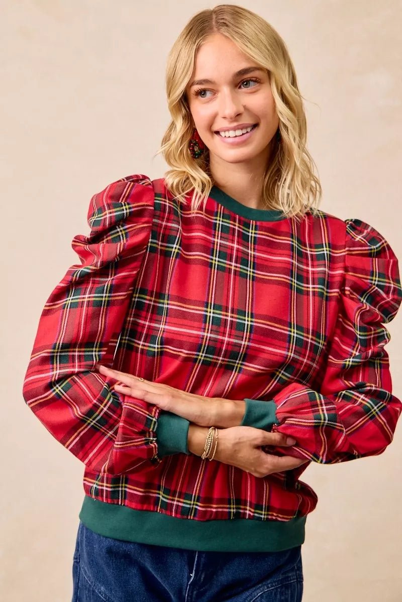 BiBi Christmas Plaid Exaggerated Shoulder Sleeves Top - Bitsy Gypsy Boutique