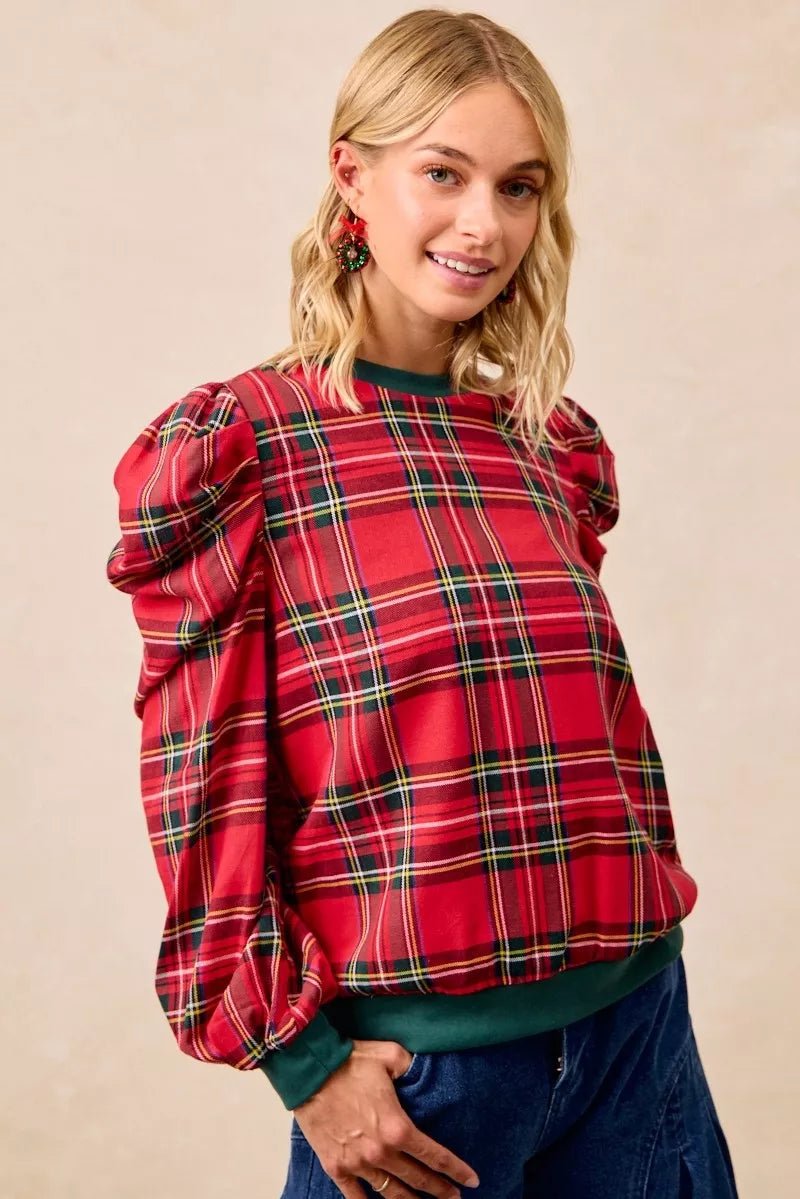 BiBi Christmas Plaid Exaggerated Shoulder Sleeves Top - Bitsy Gypsy Boutique