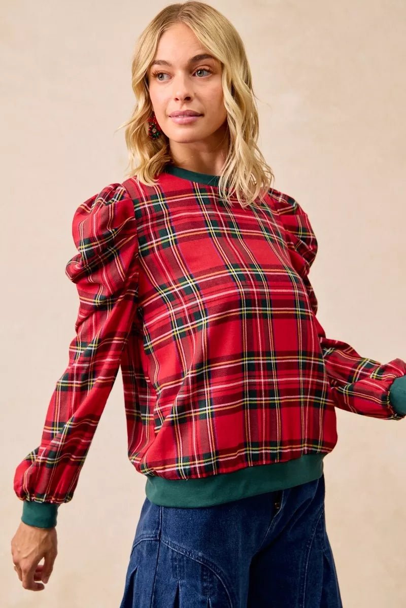 BiBi Christmas Plaid Exaggerated Shoulder Sleeves Top - Bitsy Gypsy Boutique
