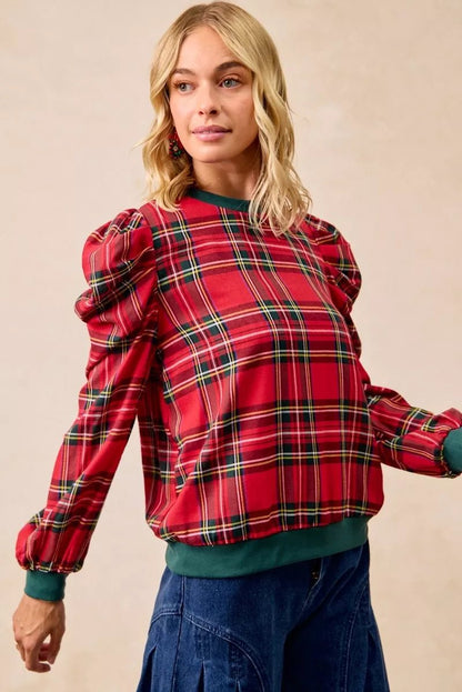 BiBi Christmas Plaid Exaggerated Shoulder Sleeves Top - Bitsy Gypsy Boutique