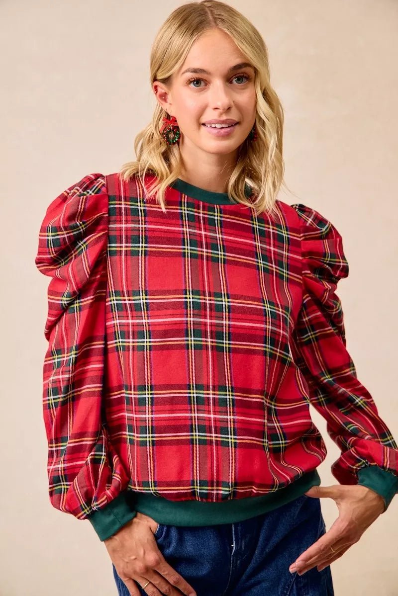 BiBi Christmas Plaid Exaggerated Shoulder Sleeves Top - Bitsy Gypsy Boutique