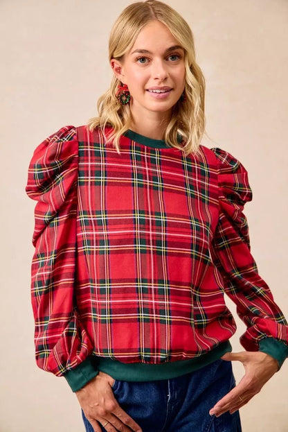 BiBi Christmas Plaid Exaggerated Shoulder Sleeves Top - Bitsy Gypsy Boutique