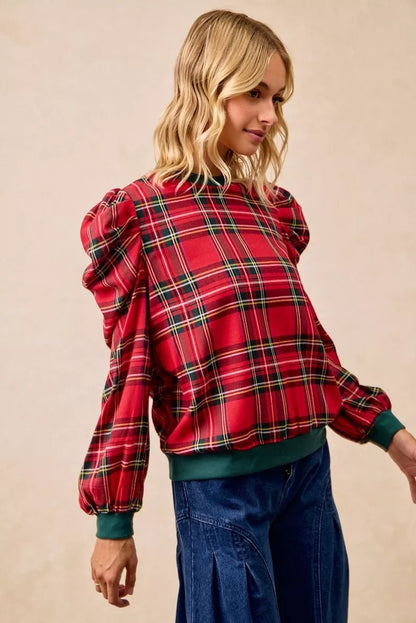 BiBi Christmas Plaid Exaggerated Shoulder Sleeves Top - Bitsy Gypsy Boutique