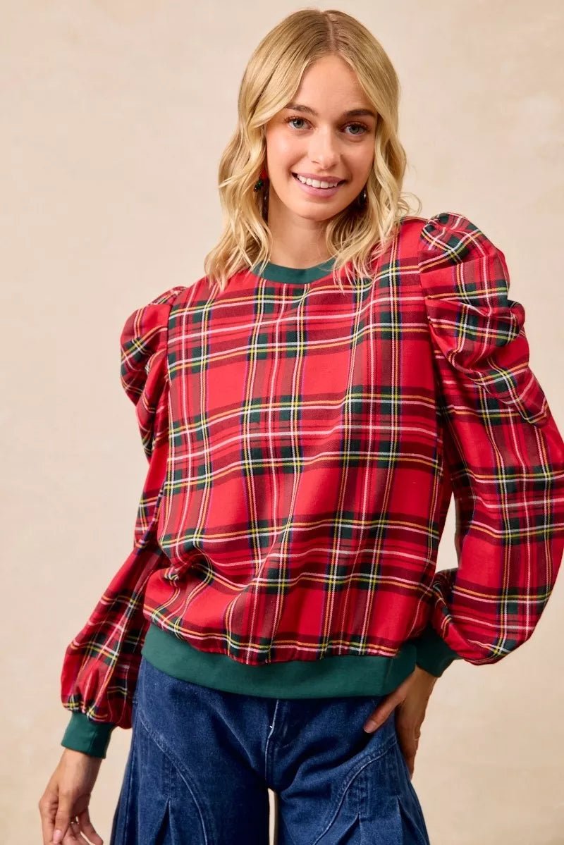 BiBi Christmas Plaid Exaggerated Shoulder Sleeves Top - Bitsy Gypsy Boutique