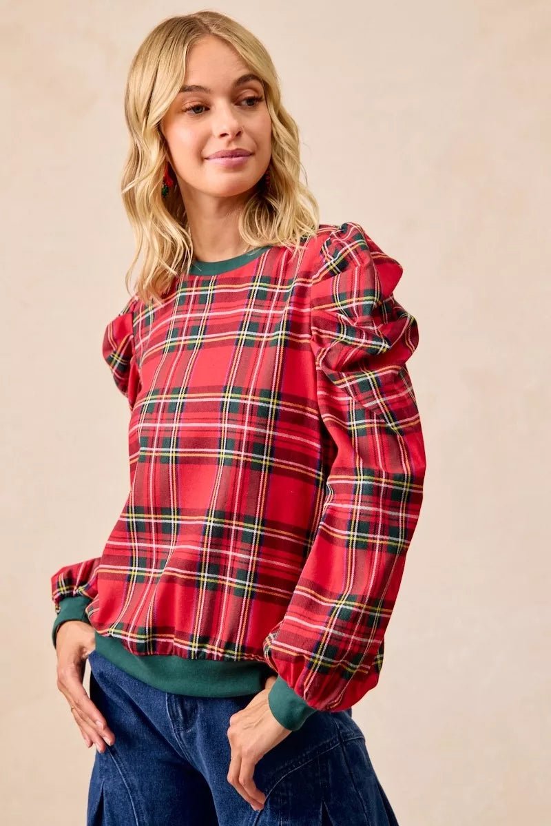 BiBi Christmas Plaid Exaggerated Shoulder Sleeves Top - Bitsy Gypsy Boutique
