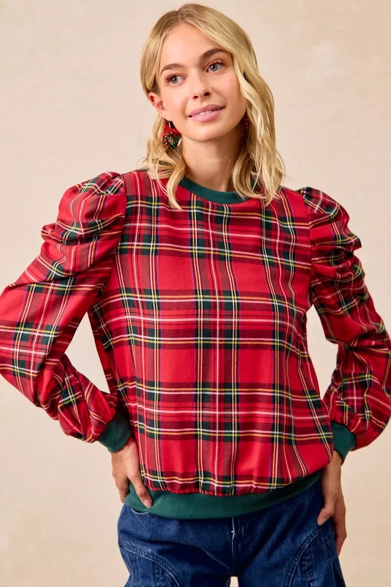 BiBi Christmas Plaid Exaggerated Shoulder Sleeves Top - Bitsy Gypsy Boutique