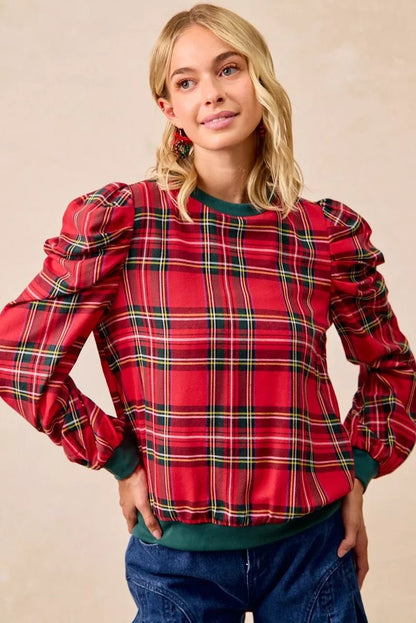 BiBi Christmas Plaid Exaggerated Shoulder Sleeves Top - Bitsy Gypsy Boutique
