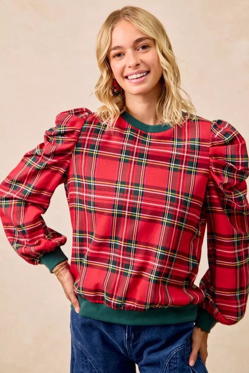 BiBi Christmas Plaid Exaggerated Shoulder Sleeves Top - Bitsy Gypsy Boutique