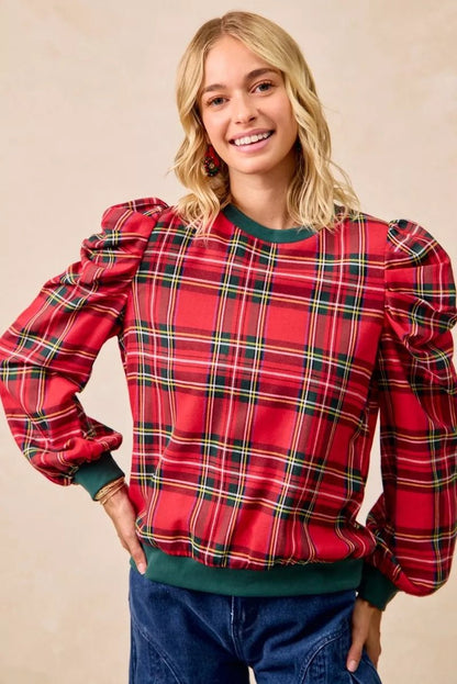BiBi Christmas Plaid Exaggerated Shoulder Sleeves Top - Bitsy Gypsy Boutique