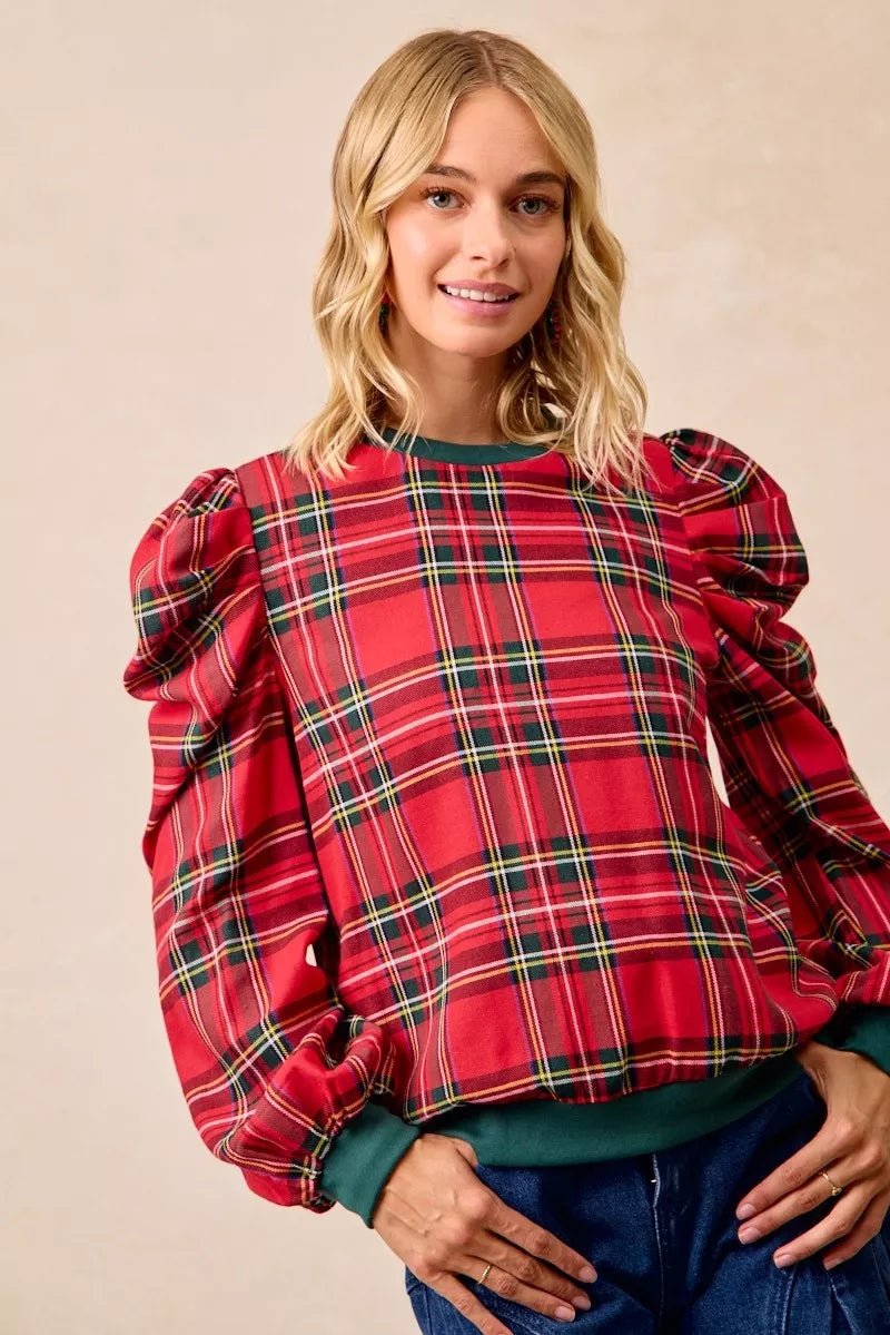 BiBi Christmas Plaid Exaggerated Shoulder Sleeves Top - Bitsy Gypsy Boutique