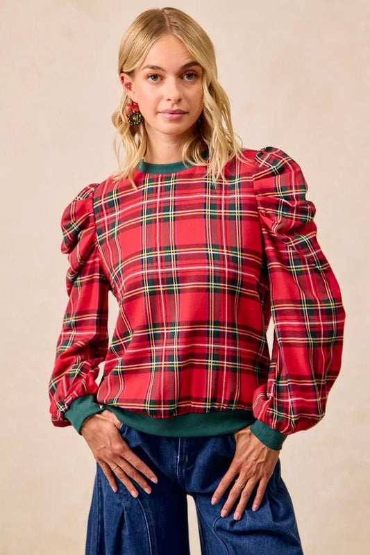 BiBi Christmas Plaid Exaggerated Shoulder Sleeves Top - Bitsy Gypsy Boutique