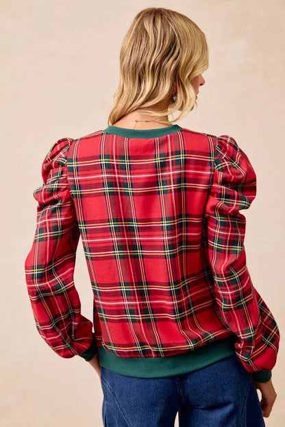 BiBi Christmas Plaid Exaggerated Shoulder Sleeves Top - Bitsy Gypsy Boutique