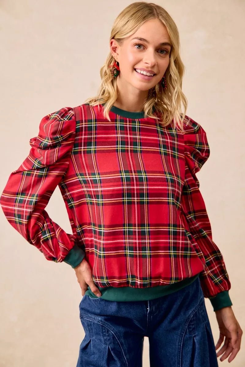 BiBi Christmas Plaid Exaggerated Shoulder Sleeves Top - Bitsy Gypsy Boutique