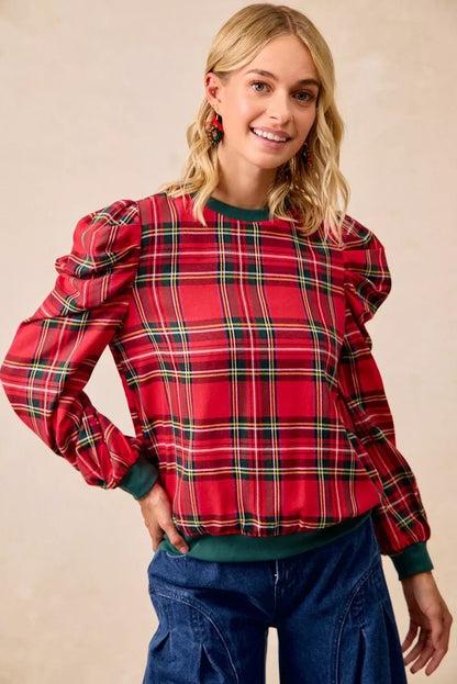 BiBi Christmas Plaid Exaggerated Shoulder Sleeves Top - Bitsy Gypsy Boutique