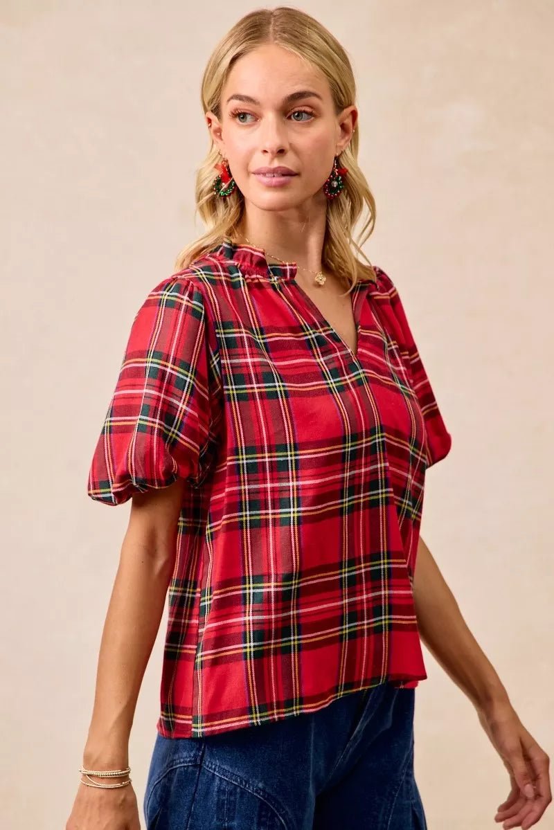 BiBi Christmas Plaid Short Sleeves Ruffled Blouse - Bitsy Gypsy Boutique
