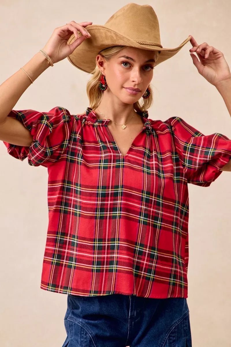 BiBi Christmas Plaid Short Sleeves Ruffled Blouse - Bitsy Gypsy Boutique
