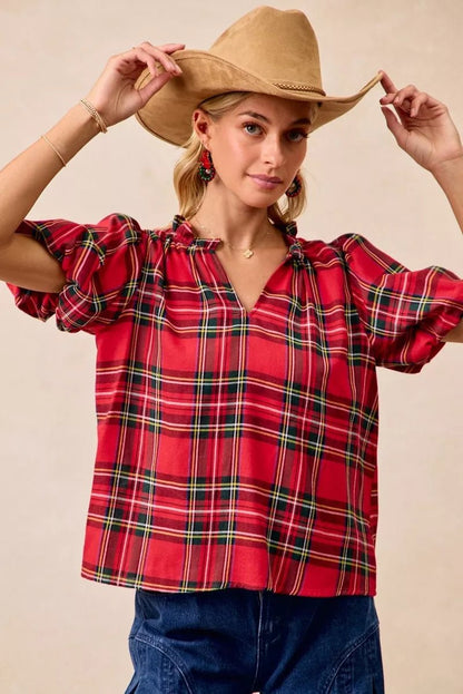 BiBi Christmas Plaid Short Sleeves Ruffled Blouse - Bitsy Gypsy Boutique