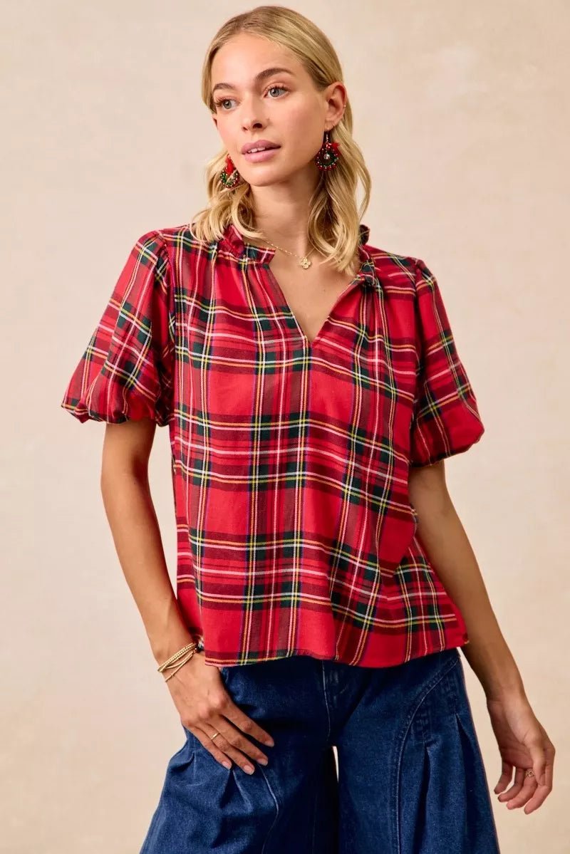 BiBi Christmas Plaid Short Sleeves Ruffled Blouse - Bitsy Gypsy Boutique